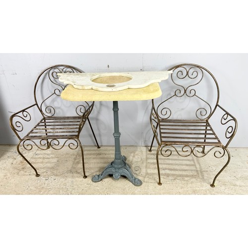 581 - A PAIR OF BLACKSMITH MADE GOOD QUALITY WROUGHT IRON GARDEN CHAIRS WITH A PUB TABLW WITH GOOD QUALITY... 