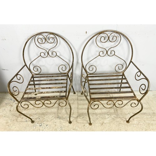 581 - A PAIR OF BLACKSMITH MADE GOOD QUALITY WROUGHT IRON GARDEN CHAIRS WITH A PUB TABLW WITH GOOD QUALITY... 