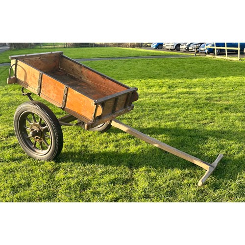 582 - A RESTORED HAND CART WITH LEAF SPRINGS AND CAST IRON MORRIS WHEELS DATING FROM 1927 TO 1930