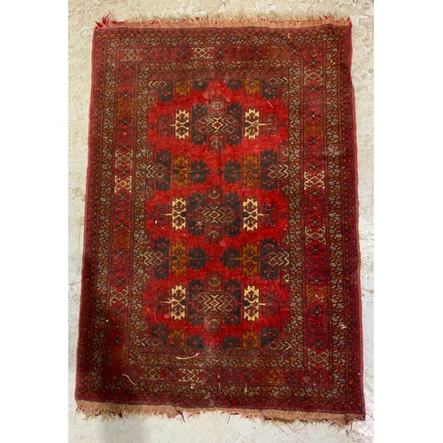 737 - PAIR OF BLUE GROUND RUGS 112cm x 69cm & A RED GROUND RUG 119cm x 83cm