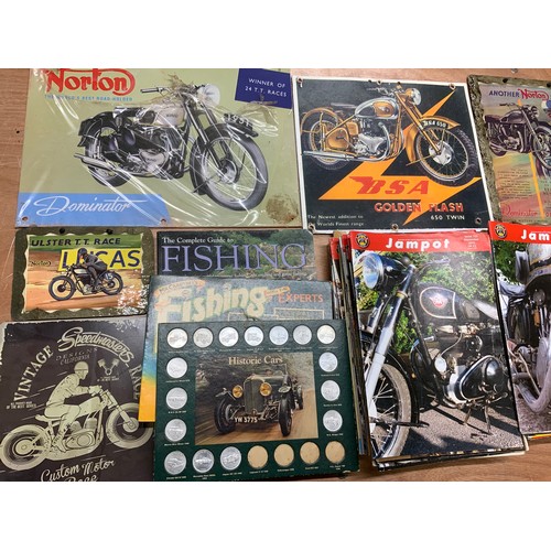 24 - MISC. VINTAGE MOTORCYCLING MAGAZINES AND OTHER EPHEMERA, INC REPRO SIGNS, NORTON DOMINATOR, CARD BSA... 