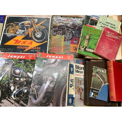 24 - MISC. VINTAGE MOTORCYCLING MAGAZINES AND OTHER EPHEMERA, INC REPRO SIGNS, NORTON DOMINATOR, CARD BSA... 