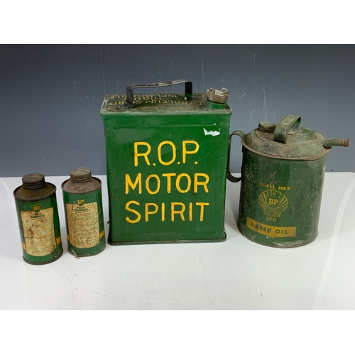 10 - VINTAGE PETROL CAN ROP MOTOR SPIRIT, PLUS SHELL MEX BP LAMP CO LAMP OIL. & 2 BP SPECIAL ENERGOL CANS