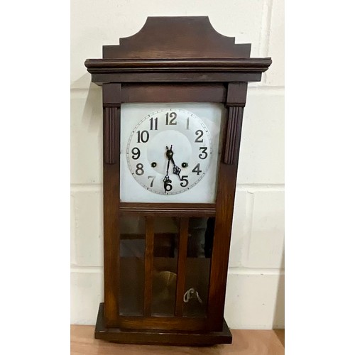 OAK CASED WALL CLOCK WITH PENDULUM AND KEY