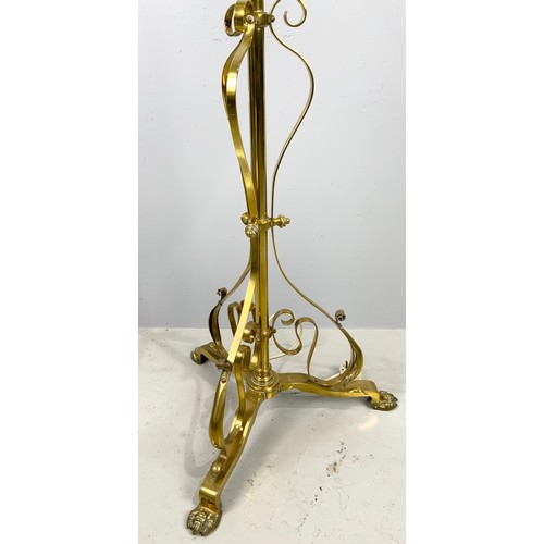 300 - BRASS ADJUSTABLE STANDARD LAMP ON TRIPOD BASE WITH CLAW FEET