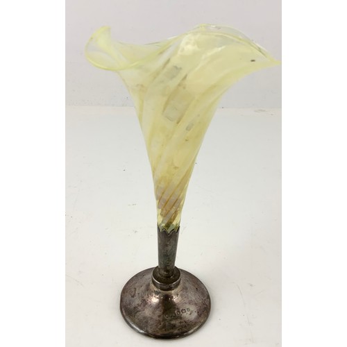 306 - VASELINE GLASS VASE WITH HALLMARKED SILVER BASE 15.5cm TALL