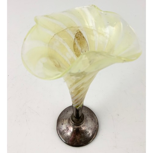 306 - VASELINE GLASS VASE WITH HALLMARKED SILVER BASE 15.5cm TALL