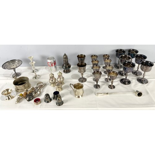 308 - QUANTITY OF SILVER PLATED WARE INC GOBLETS , CRUETS, , PAIR OF CANDLESTICKS, SIFTER ETC