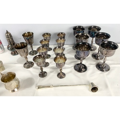 308 - QUANTITY OF SILVER PLATED WARE INC GOBLETS , CRUETS, , PAIR OF CANDLESTICKS, SIFTER ETC