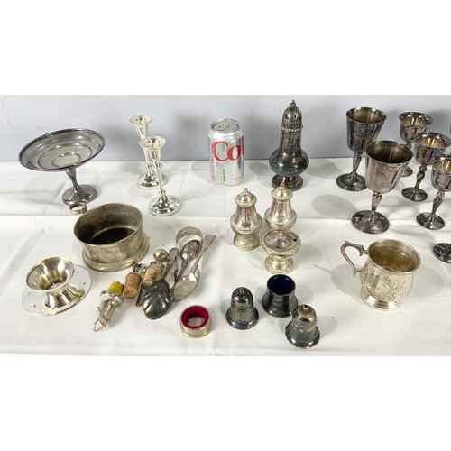 308 - QUANTITY OF SILVER PLATED WARE INC GOBLETS , CRUETS, , PAIR OF CANDLESTICKS, SIFTER ETC