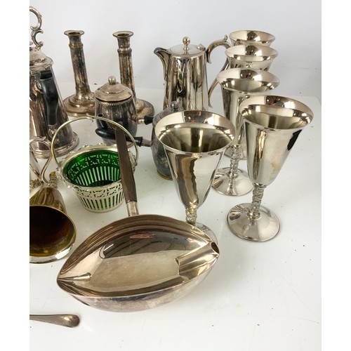 311 - QUANTITY OF MISC. SILVER PLATED WARE INC  SPIRIT KETTLE  & BURNER STAND AF , GOBLETS, HOT WATER JUGS... 