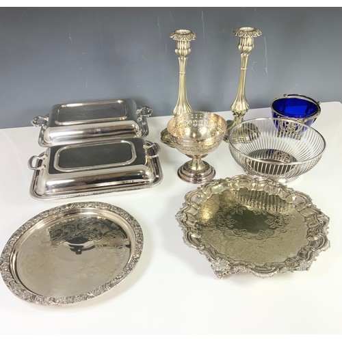 312 - SILVER PLATED WARE INC PAIR OF CANDLESTICKS , TRAY ORNATE SALVER , ENTREE DISHES BOWLS ETC