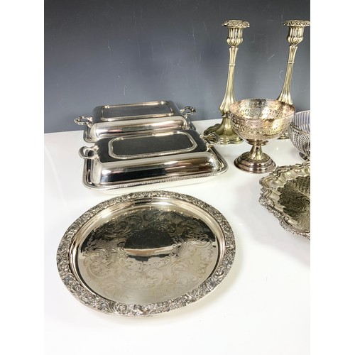 312 - SILVER PLATED WARE INC PAIR OF CANDLESTICKS , TRAY ORNATE SALVER , ENTREE DISHES BOWLS ETC