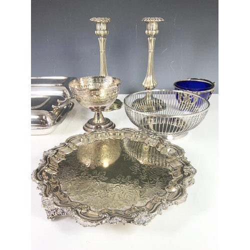 312 - SILVER PLATED WARE INC PAIR OF CANDLESTICKS , TRAY ORNATE SALVER , ENTREE DISHES BOWLS ETC