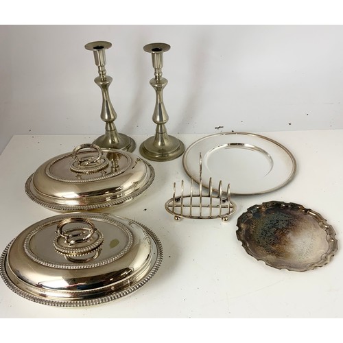 315 - SILVER PLATED WARE ETC INC 2 ENTREE DISHES,  7 BAR TOAST RACK , CARD TRAY ETC