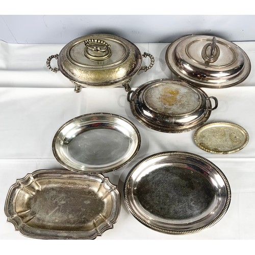 316 - SILVER PLATED TUREENS & SERVING DISHES INC GOOD QUALITY TUREEN ON FOUR SCROLL FEET