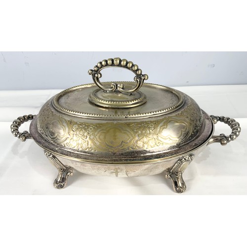 316 - SILVER PLATED TUREENS & SERVING DISHES INC GOOD QUALITY TUREEN ON FOUR SCROLL FEET