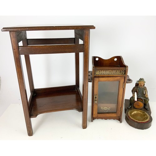 352 - SMALL MAHOGANY OCCASIONAL TABLE, SMOKERS CABINET AND A BLACK FOREST CARVED MATCH HOLDER