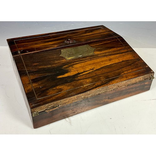 353 - ROSEWOOD WRITING BOX WITH SLOPING HINGED TOP AND FITTED INTERIOR WITH WRITING SURFACE