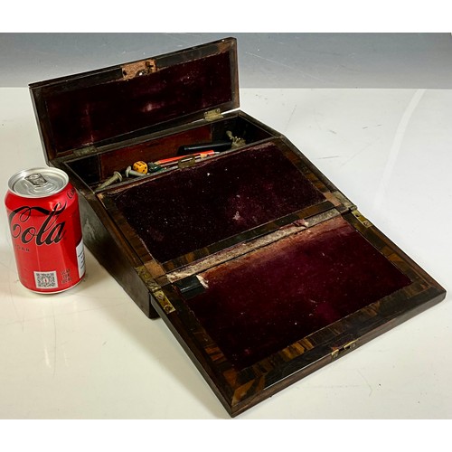 353 - ROSEWOOD WRITING BOX WITH SLOPING HINGED TOP AND FITTED INTERIOR WITH WRITING SURFACE