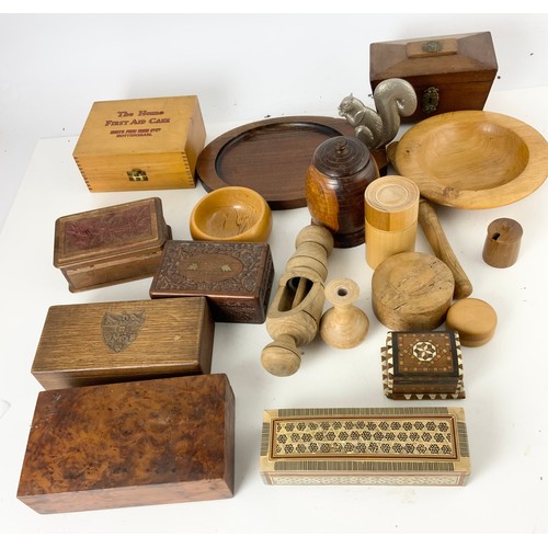 355 - TRAY OF MIXED TREEN INC  INLAID BOXES , MEDICAL BOX, BOWL , TRAY WITH METAL SQUIRREL ETC