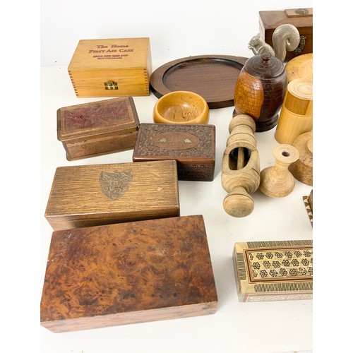 355 - TRAY OF MIXED TREEN INC  INLAID BOXES , MEDICAL BOX, BOWL , TRAY WITH METAL SQUIRREL ETC