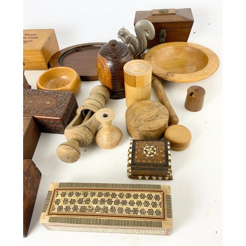 355 - TRAY OF MIXED TREEN INC  INLAID BOXES , MEDICAL BOX, BOWL , TRAY WITH METAL SQUIRREL ETC