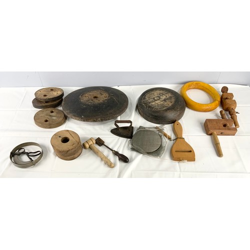 360 - QUANTITY OF VINTAGE MILLINERY TOOLS , BLOCKS, CLAMPS ETC