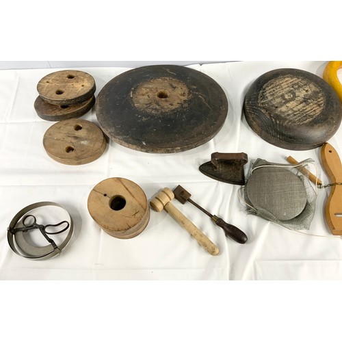 360 - QUANTITY OF VINTAGE MILLINERY TOOLS , BLOCKS, CLAMPS ETC