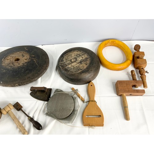 360 - QUANTITY OF VINTAGE MILLINERY TOOLS , BLOCKS, CLAMPS ETC