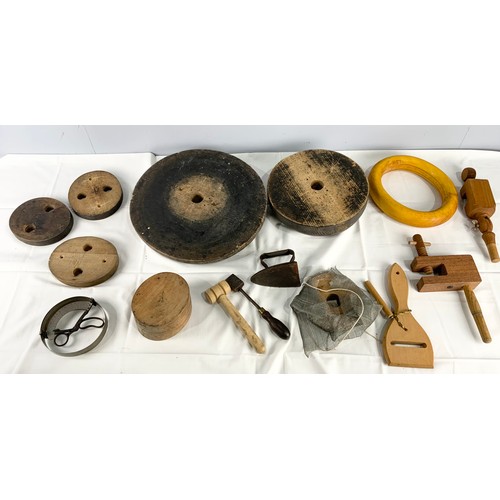 360 - QUANTITY OF VINTAGE MILLINERY TOOLS , BLOCKS, CLAMPS ETC