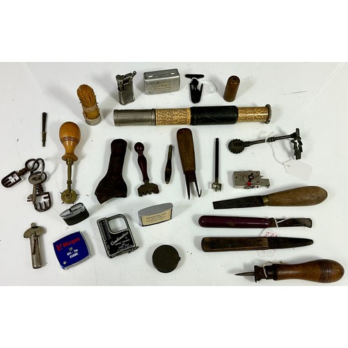 361 - INTERESTING SELECTION OF ANTIQUE TOOLS, MEASURES, CONVERSION SCALES, OYSTER, SHELLFISH KNIVES AND KE... 