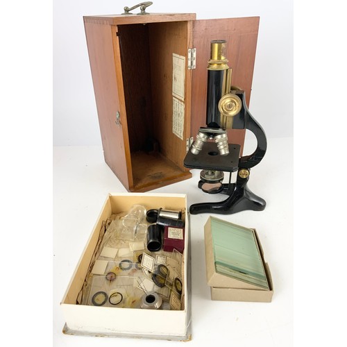 365 - PHILIP HARRIS MICROSCOPE IN FITTED MAHOGANY BOX TOGETHER WITH MISC. SLIDES ETC.