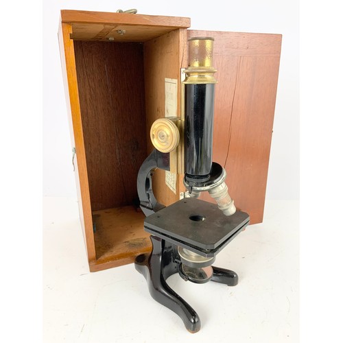 365 - PHILIP HARRIS MICROSCOPE IN FITTED MAHOGANY BOX TOGETHER WITH MISC. SLIDES ETC.