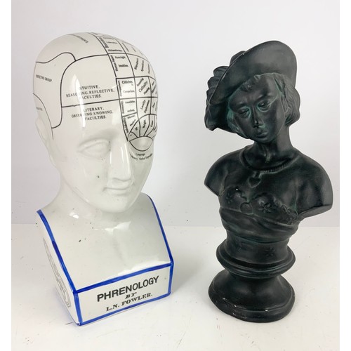 375 - PHRENOLOGY HEAD, A BUST AND A AFRICAN QUEEN POTTERY WALL MASK