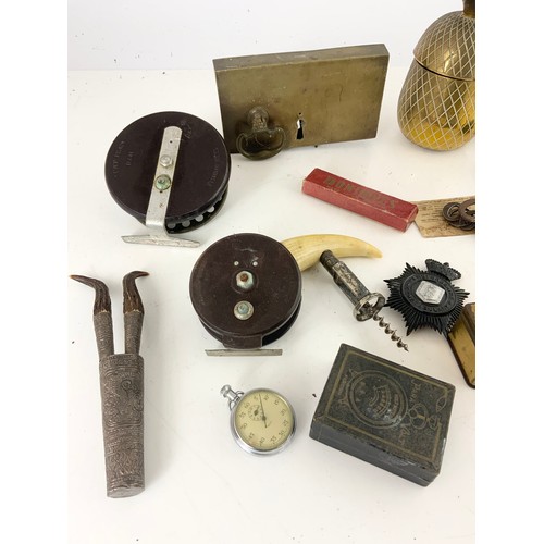 377 - ,MIXED COLLECTABLES AND CURIOS INC  ALLCOCK AERALITE, EVERY READY DAM FISHING REELS , LARGE LOCK , C... 