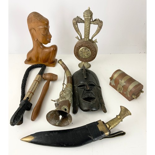 382 - TOURIST WARE INC DECORATIVE HORN  & EWER, WALL MASK , WHIP, DECORATIVE KUKKRI KNIFE ETC