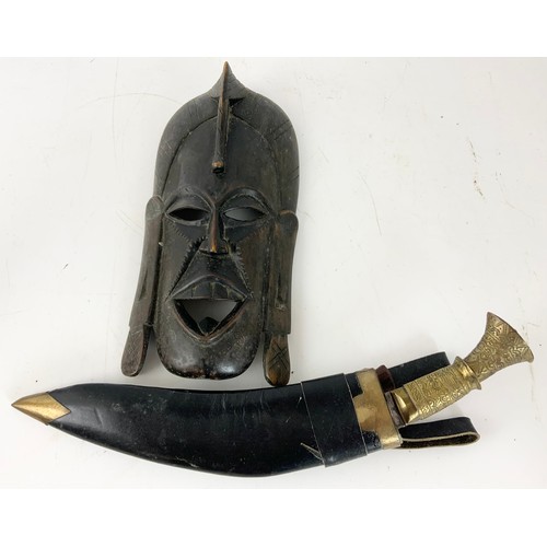 382 - TOURIST WARE INC DECORATIVE HORN  & EWER, WALL MASK , WHIP, DECORATIVE KUKKRI KNIFE ETC