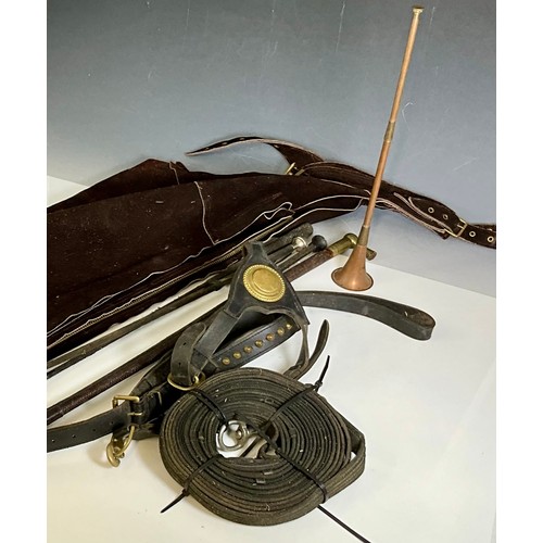 384 - RIDING CROPS, LUNGE LEAD, LEATHER BRIDLE, A HUNTING HORN AND A PAIR OF SUEDE CHAPS INC VINTAGE / ANT... 