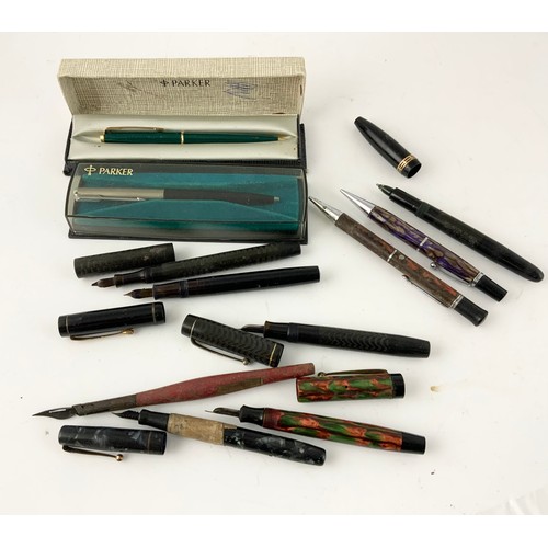 385 - 2 BOXED PARKER PAPER PENS PLUS VINTAGE FOUNTAIN PENS AND PENCILS