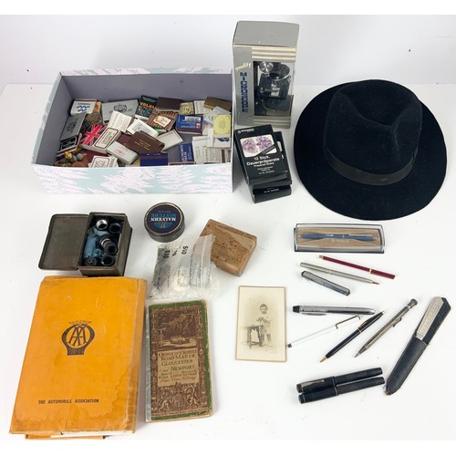 398 - BOX OF MISC. INCLUDING SOUVENIR MATCHES, PENS AND AA FOLDER WITH MAPS, ETC.