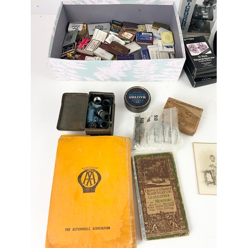 398 - BOX OF MISC. INCLUDING SOUVENIR MATCHES, PENS AND AA FOLDER WITH MAPS, ETC.