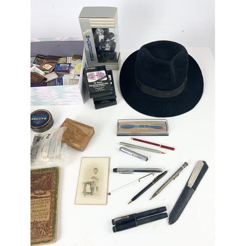 398 - BOX OF MISC. INCLUDING SOUVENIR MATCHES, PENS AND AA FOLDER WITH MAPS, ETC.