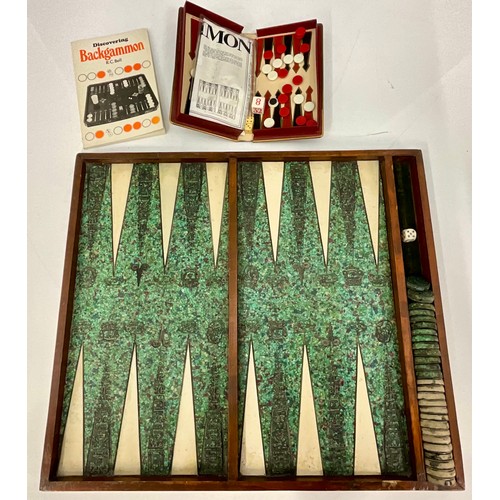 406 - INTERESTING WOODEN BACKGAMMON SET WITH INLAID EPOXY BOUND STONE AND CARVED DECORATION T/W A SMALL TR... 