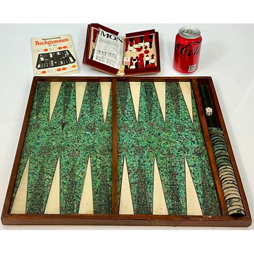 406 - INTERESTING WOODEN BACKGAMMON SET WITH INLAID EPOXY BOUND STONE AND CARVED DECORATION T/W A SMALL TR... 