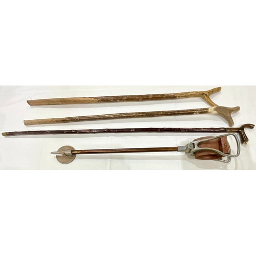 418 - SHOOTING STICK, AND THREE WALKING CANES OR ROD REST, ONE WITH HORN HANDLE