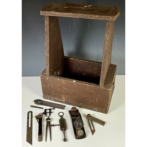 378 - MISC. OLD TOOLS T/W A VINTAGE SHOE SHINE BOX