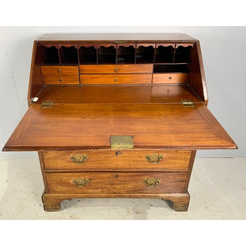 702 - GEORGE III MAHOGANY FALL FRONT BUREAU ON BRACKET FEET WIDTH 96cm