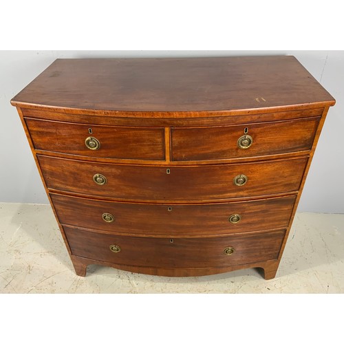 701 - BOW FRONT GEORGIAN MAHOGANY CHEST OF TWO OVER THREE DRAWERS ON SPLAY BRACKET FEET WIDTH 102cm