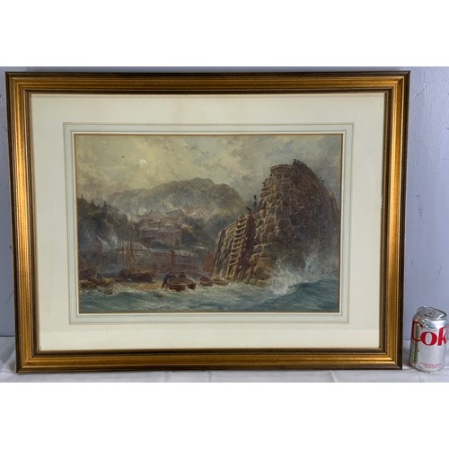 13 - WATERCOLOUR – STORMY HARBOUR SCENE INDISTINCTLY SIGNED